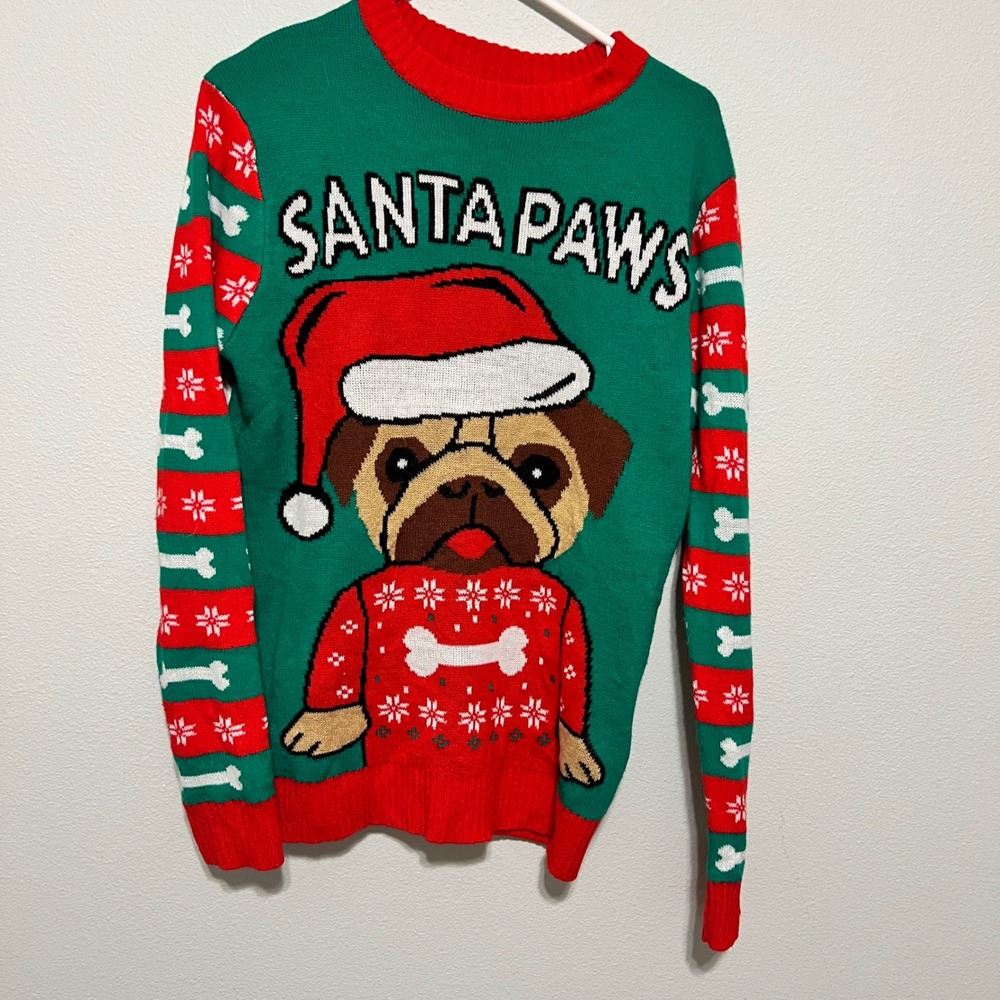 Stars Ugly Christmas Sweater Pug Santa Paws Green Red Size XS